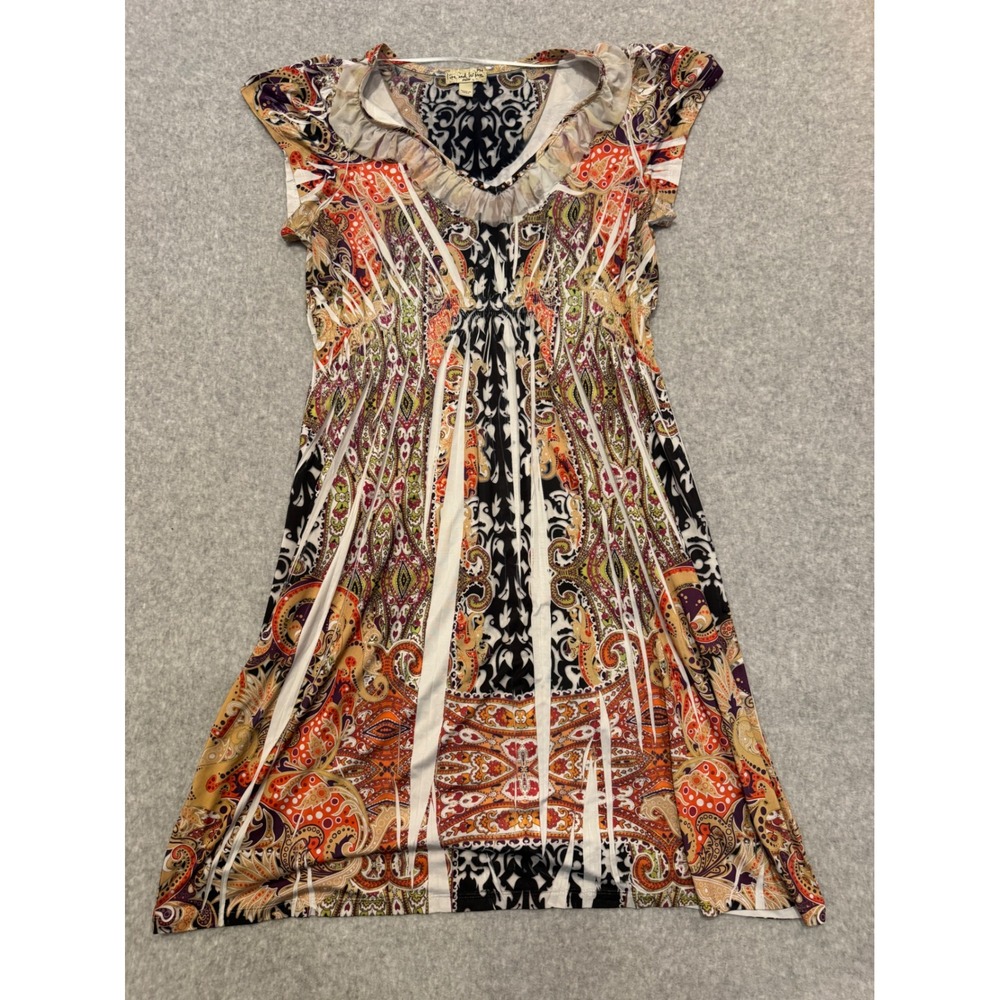 One World Live and Let Live Paisley Ruffle V-Neck Tunic Dress Orange PM Y2K
